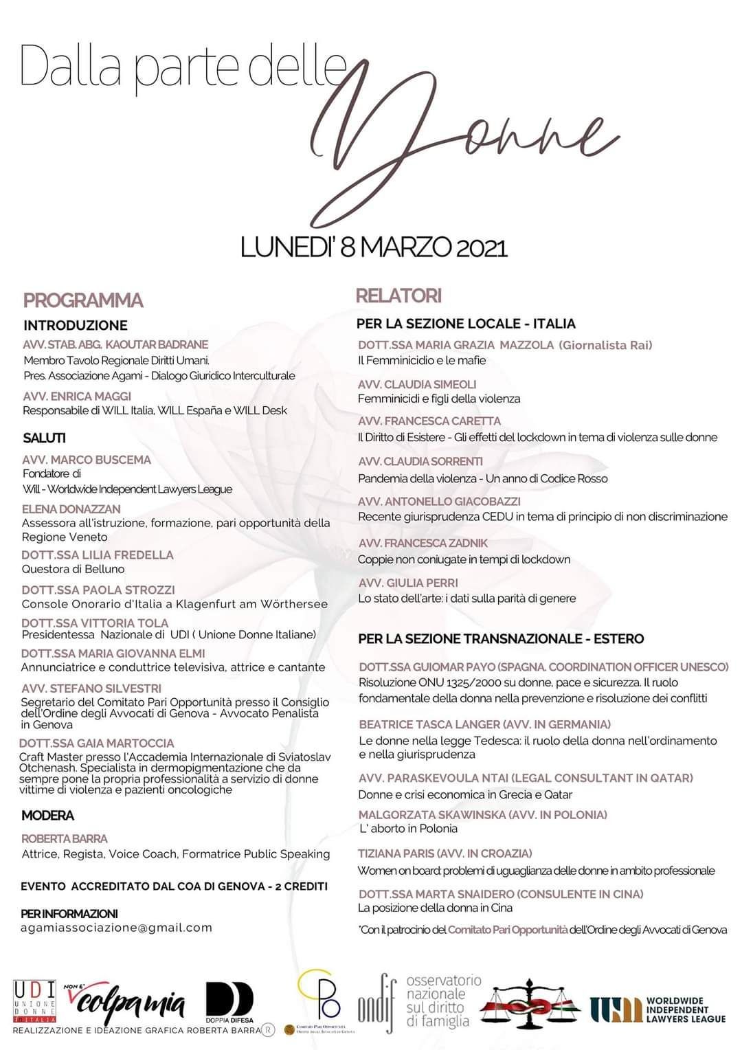 LUNEDI’ 8 MARZO 2021, la nostra Associazione