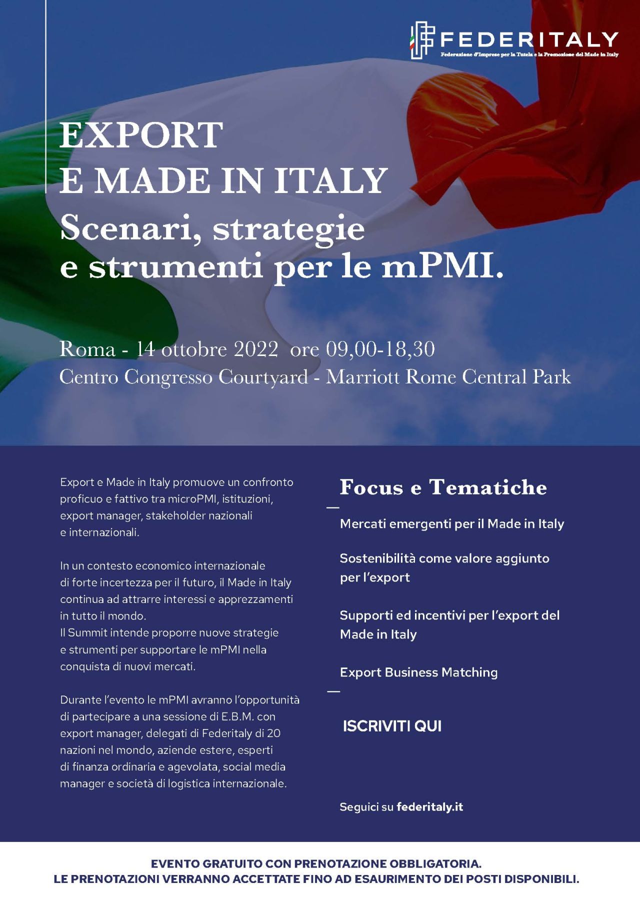 Aperte le iscrizioni per il 1° SUMMIT FEDERITALY sul tema "EXPORT E MADE IN ITAL
