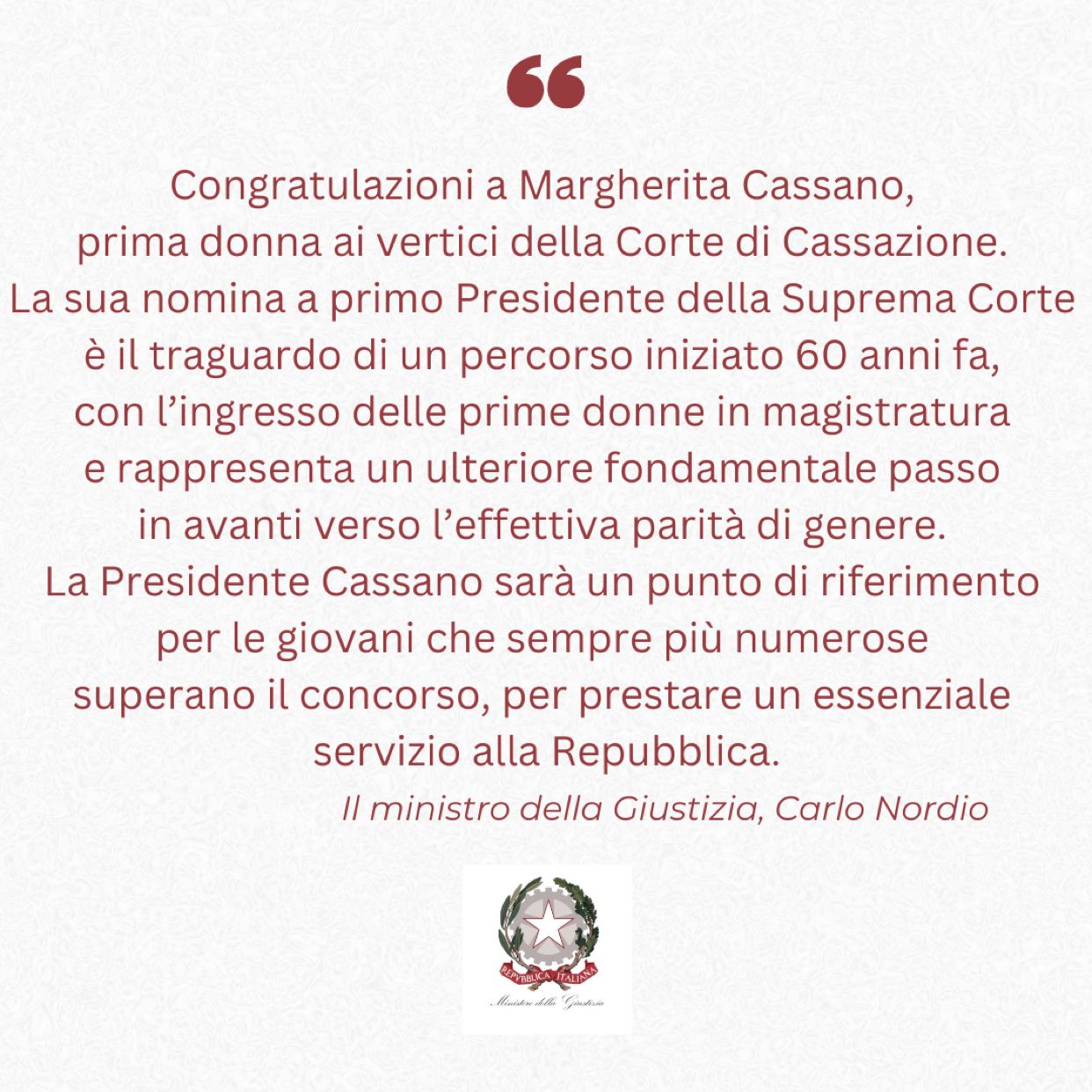 Congratulazioni a Margherita Cassano, prima donna ai vertici della Corte di Cas